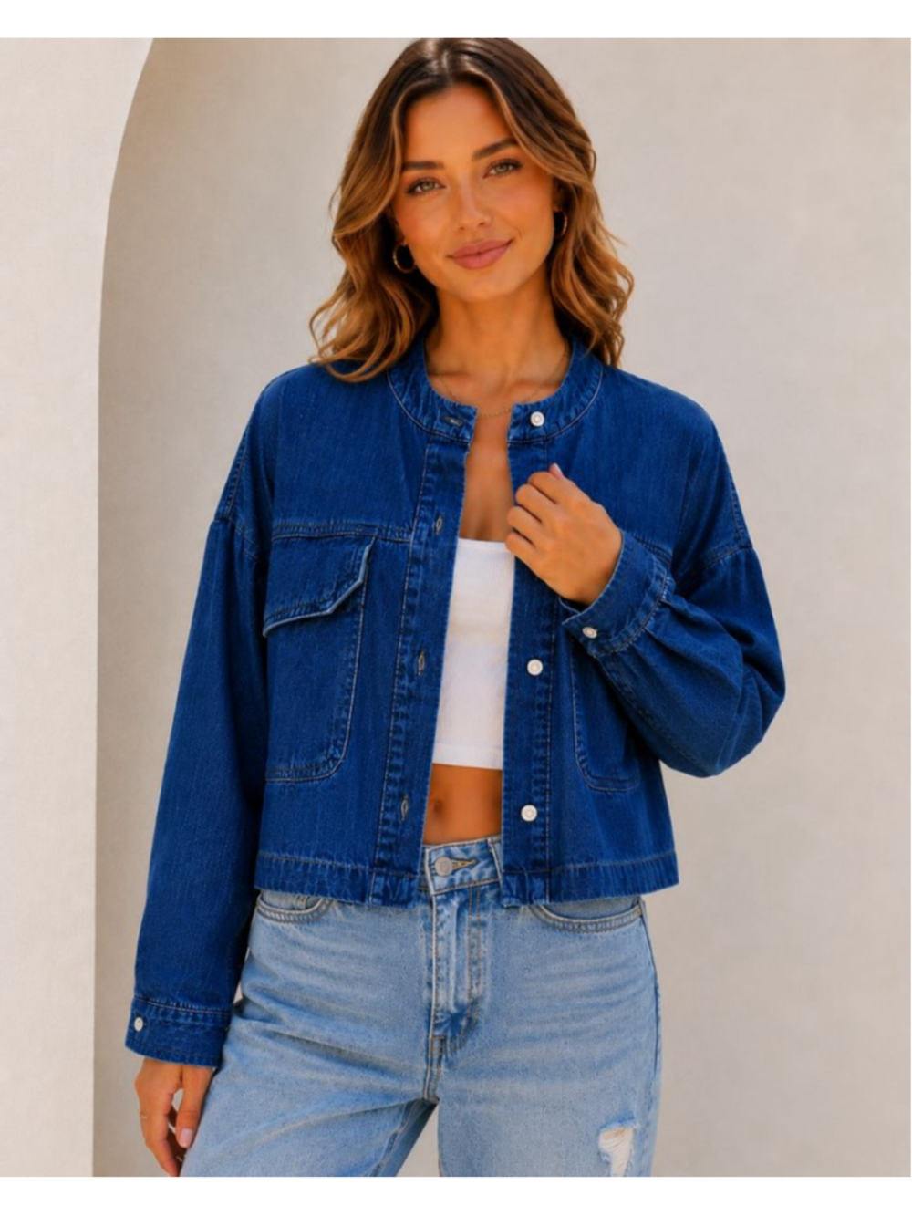 Women's Scoop Blue Cropped Button Down Long Sleeve Jean Jacket M